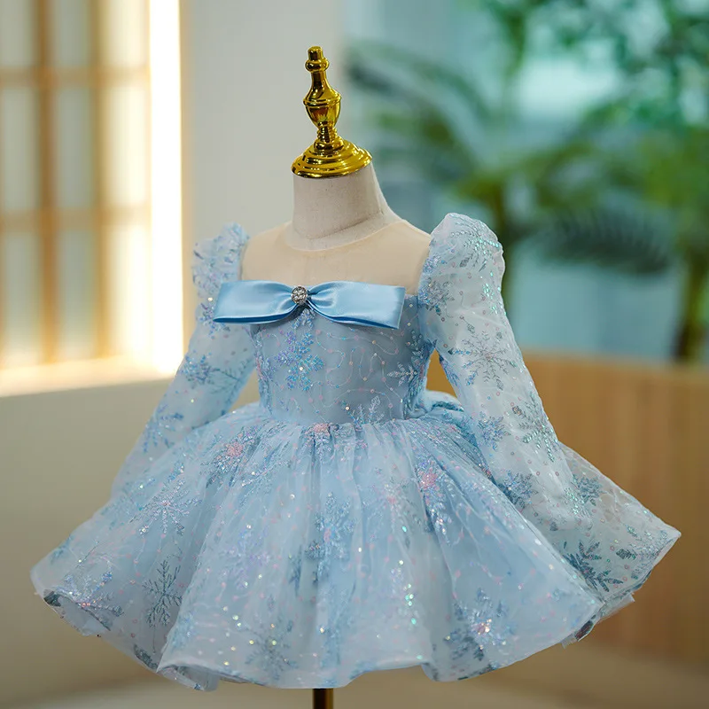 

Ball Gown Princess Dress Simple Elegant Kids Birthday Part Customized Sequined Long Sleeve O-neck Wedding Flower Girls Dresses