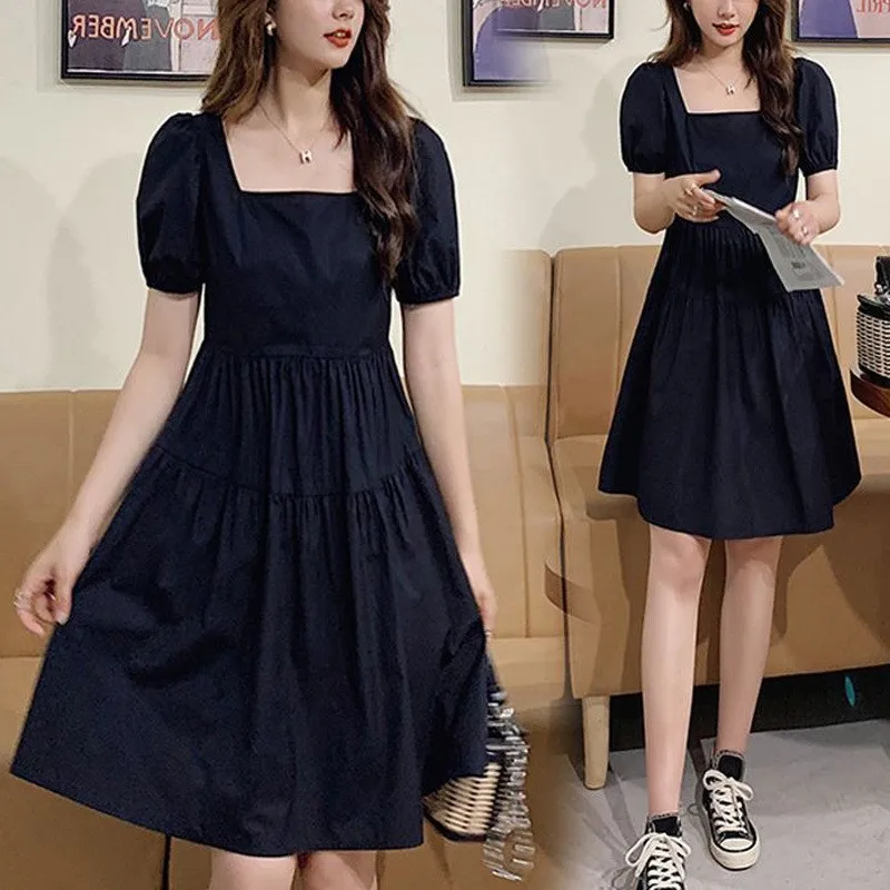 Ele Summer Midi Dr Women's Korean Sle Loose Square Collar Hepburn Sle  Knot Skirt Cotton Bubble Sve A-...