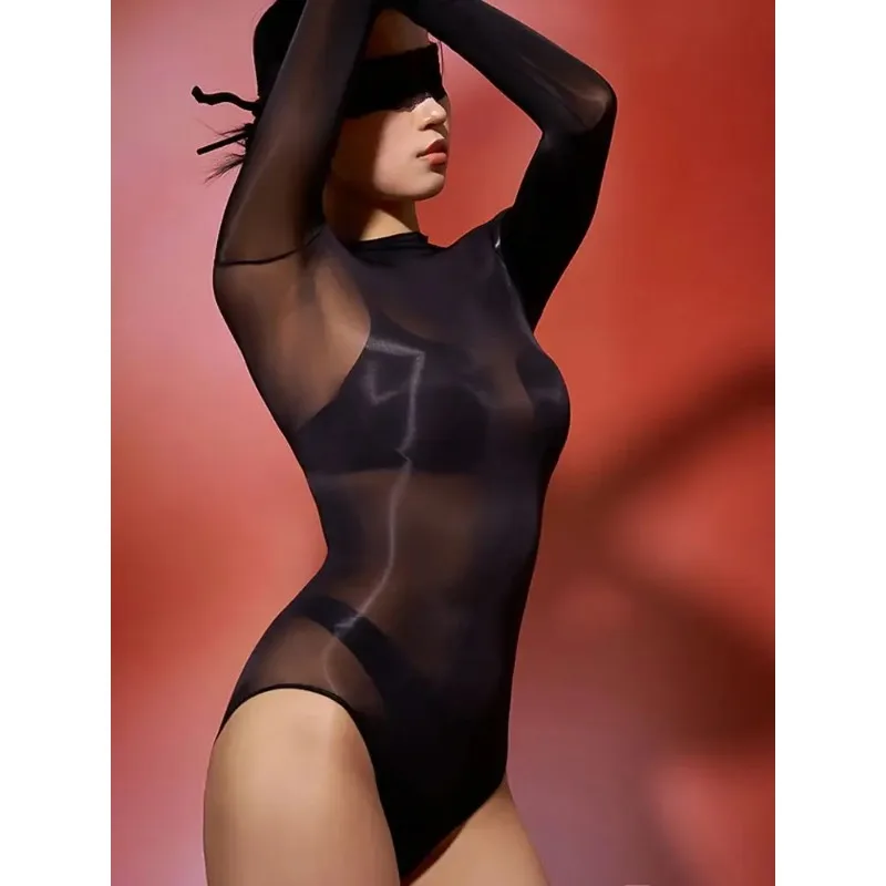 Glossy Shiny Bust Seamless Bodystocking Long Sleeve Bikini Bodysuit Tights Hot Sexy Body Teddies Clubwear Transparent Swimsuit