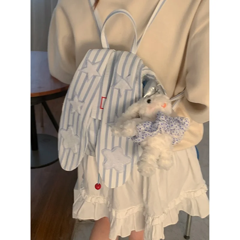 حقيبة ظهر قماشية بتصميم أذن أرنب لطيفة، حقيبة طالب مخططة، حقيبة كتف نسائية عصرية وأنيقة، نمط عملي بدون وسادة ظهر