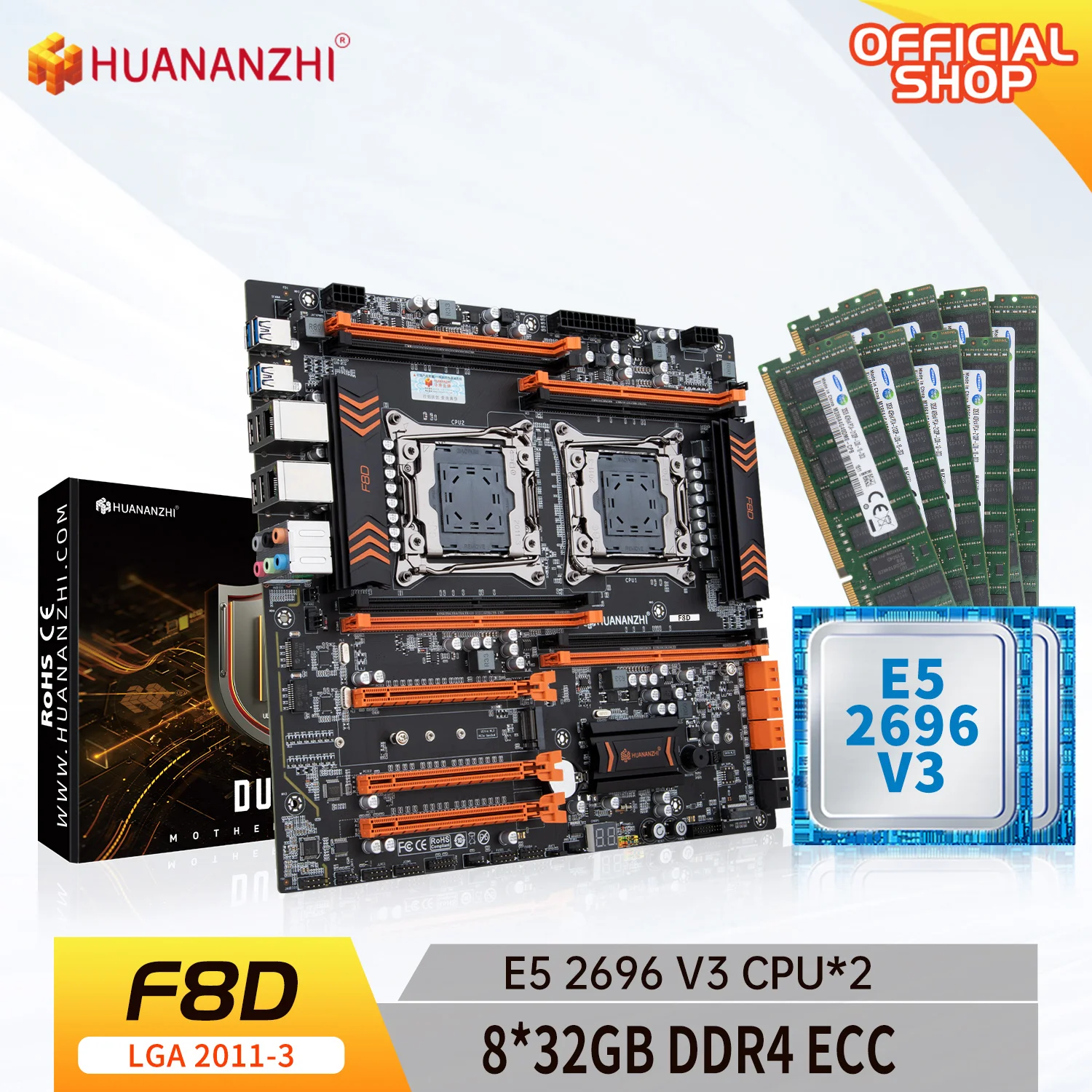 

HUANANZHI X99 F8D LGA 2011-3 XEON X99 Motherboard with Intel E5 2696 V3*2 with 8*32GB DDR4 RECC memory combo kit NVME SATA RU