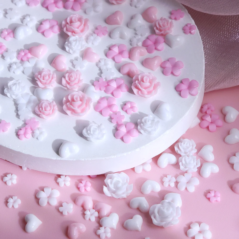 Romantic Camellia Flower Nail Art Charms Korean Manicure Decorations Pink White Flowers Love Heart Resin DIY Nails Accessories