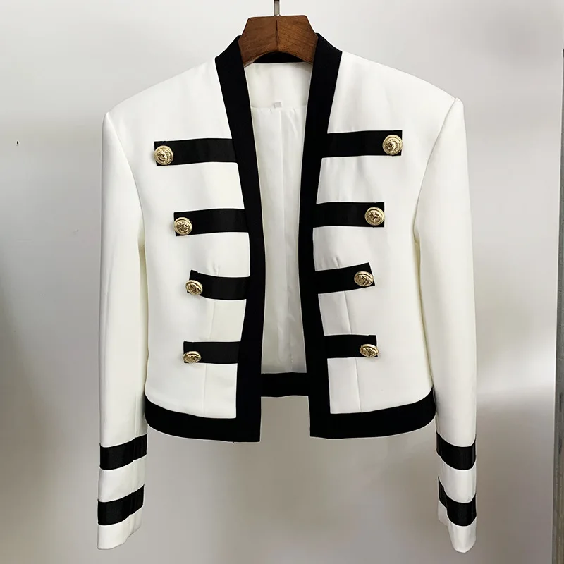 Women\'s White Black Patchwork Blazer Jacket Newest 2023 Designer Collarless Lion Buttons Female Clothing Fashion Lady Band Coats