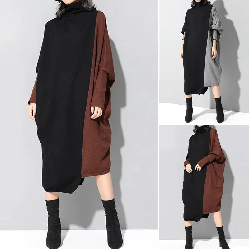 

Fashion Women Turtleneck Knitted Dress Autumn Long Batwing Sleeve Casual Patchwork Dress Elegant Party Midi Dress Winter Clothes