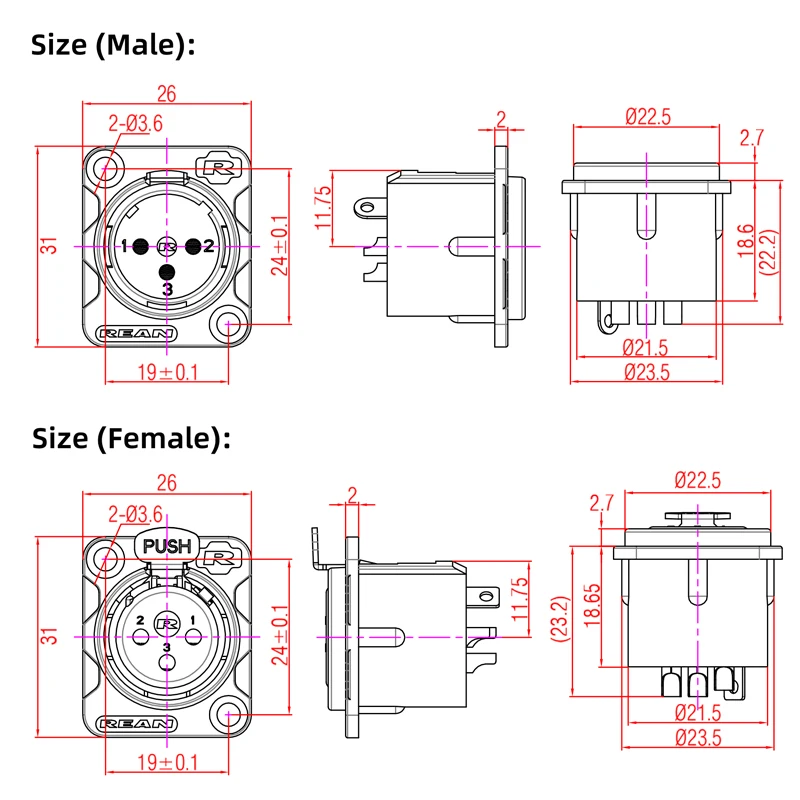 REAN-Conector de Cable de Metal XLR de Neutrik, 3 pines, chapado en oro, macho y hembra, toma de micrófono de Audio, módulo en forma de D para 86