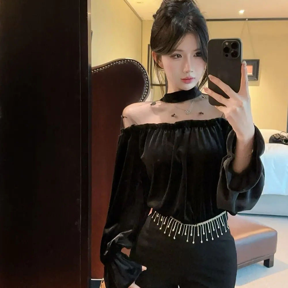 

Korea Gold Velvet Long-Sleeved Top Stand Collar Mesh Sequined Bottoming Shirt 2024 Autumn New Loose High-End Pullover Top