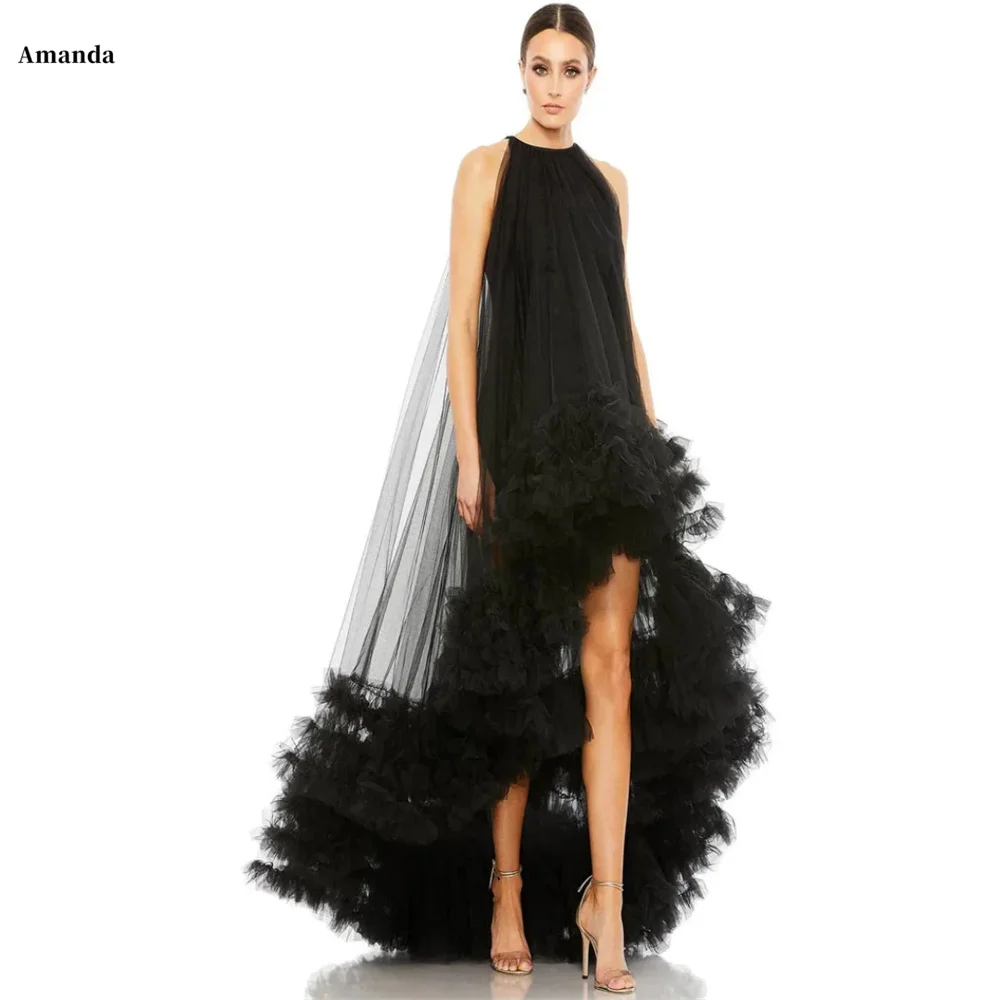 Amanda Mesh O-Neck Loose robes de soirée Tiered Ruffle Sleeveless Floor-Length Evening Dresses Foraml Evening Wedding Dress