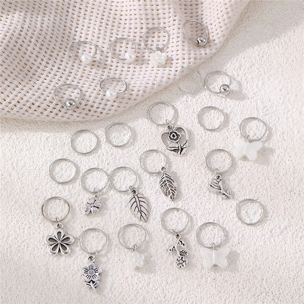 23개/봉투 실버 메탈 나비 드레드락 헤어 링 세트 트렌디 스트릿 헤어 액세서리 (드레드락 땋기용)