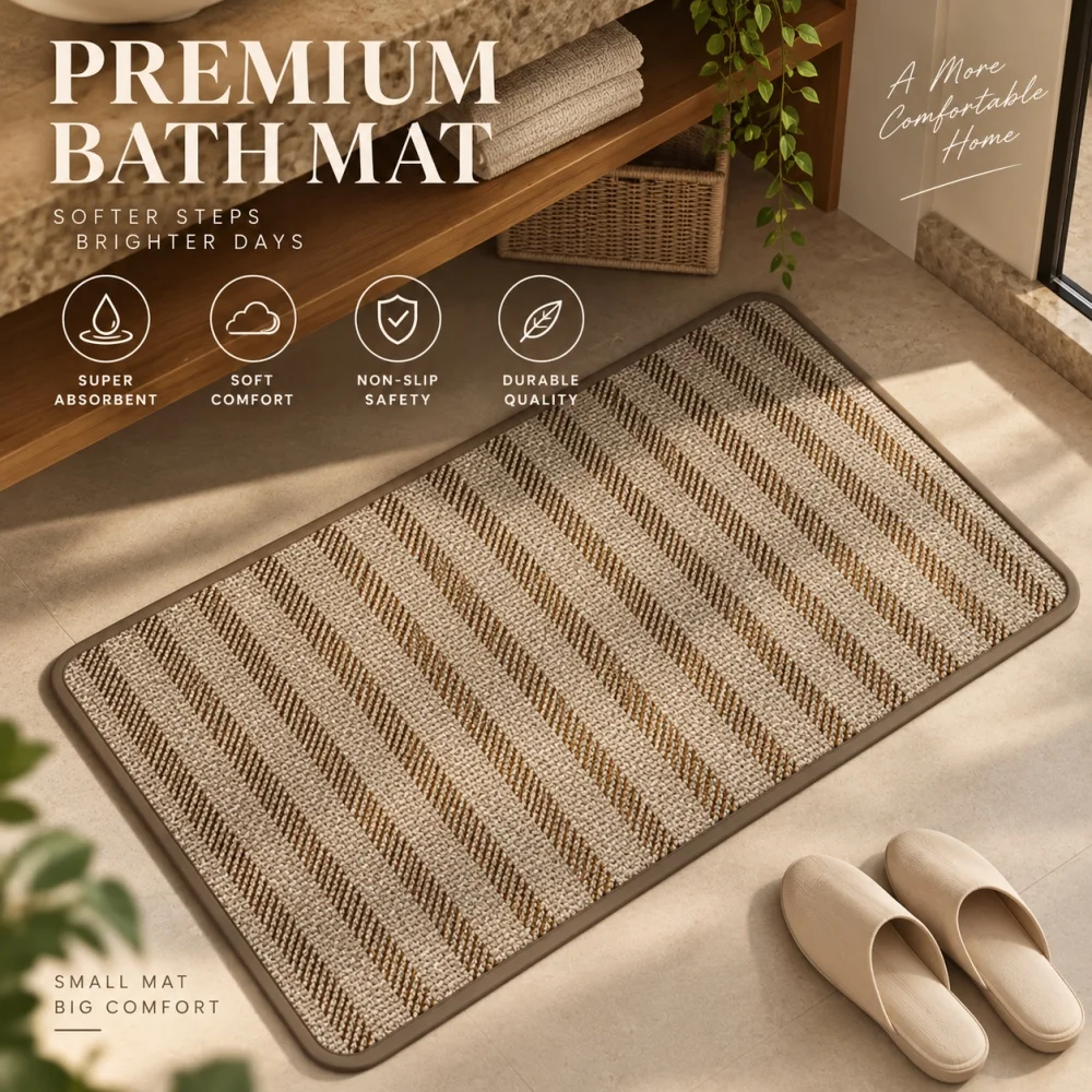 Faux linen woven bathroom floor mat, absorbent, non-slip, quick-drying foot mat