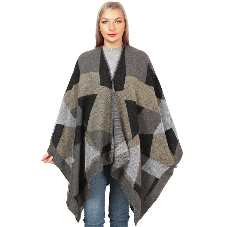 

Checker Knitted Shawl Women Warm Autumn Winter Reversible Cloak Geometric Pattern Poncho Lady Capes Cloaks