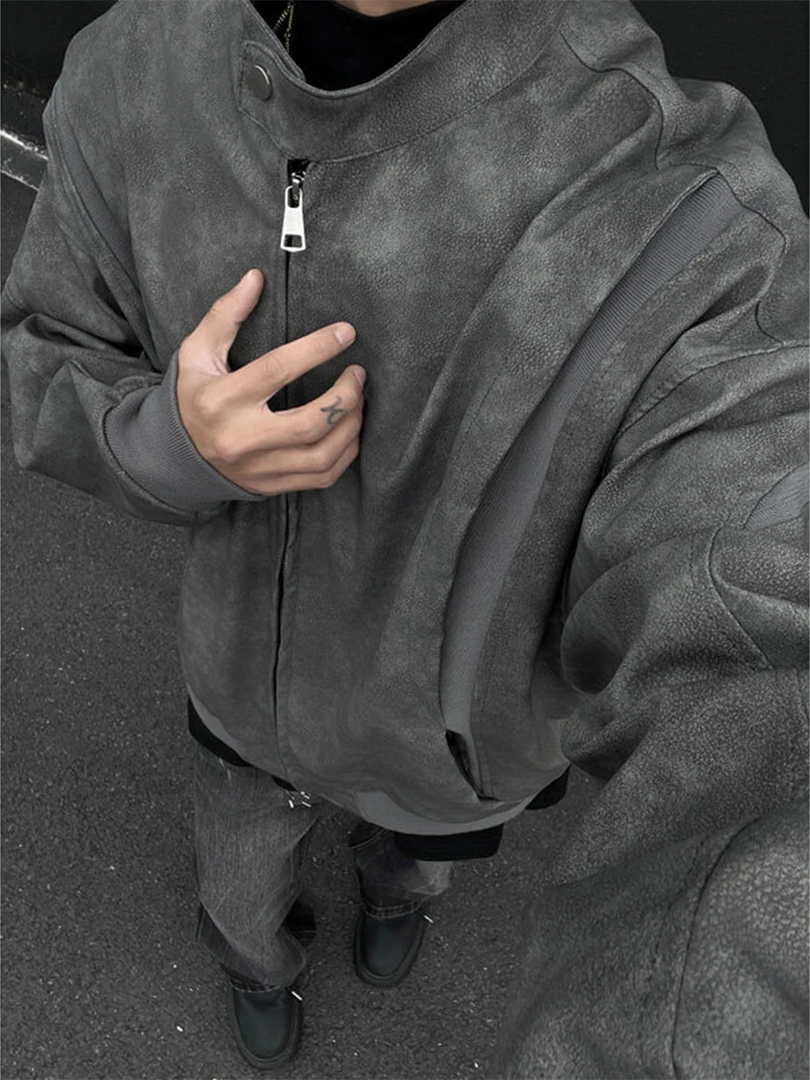 

American Sle Stand Collar PU Leather Jaet Men's Faion Spring Autumn High Street Cleanfit Leather Coat Hip Haome