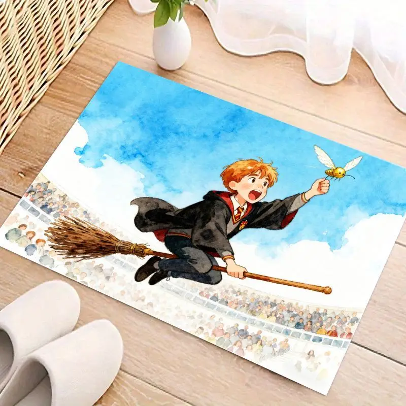 1PC Trendy Anime Cartoon Magic Wizard Student Flying Broom Floor Mat, 50x80cm Non-Slip Absorbent Fantasy Golden Creature Catchin