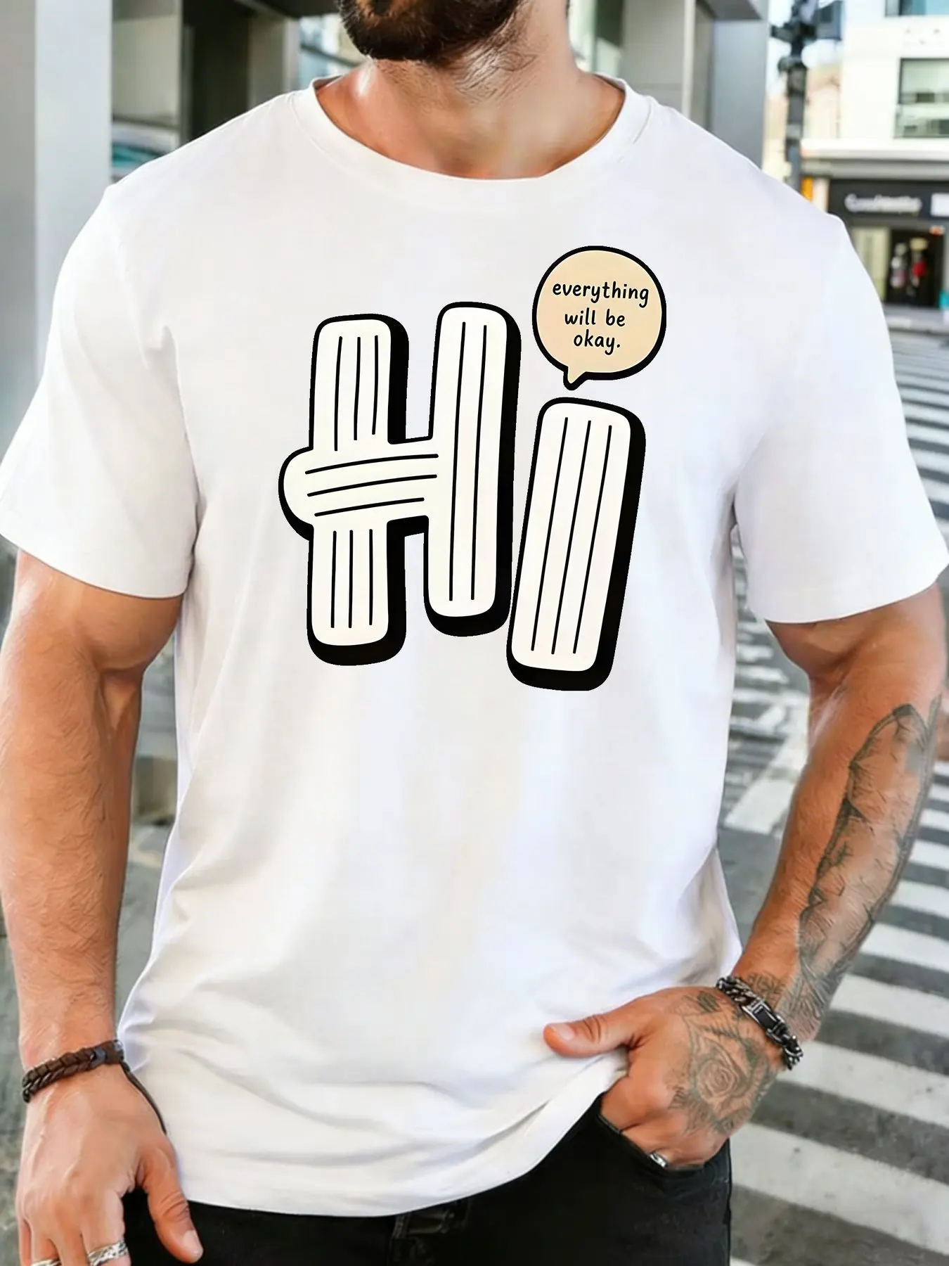 Mens Soft Cotton Tee Hi Letter Everything Will Be Okay Speech Bubble Print O Neck Short Sleeve Loose Casual Daily Top For Men