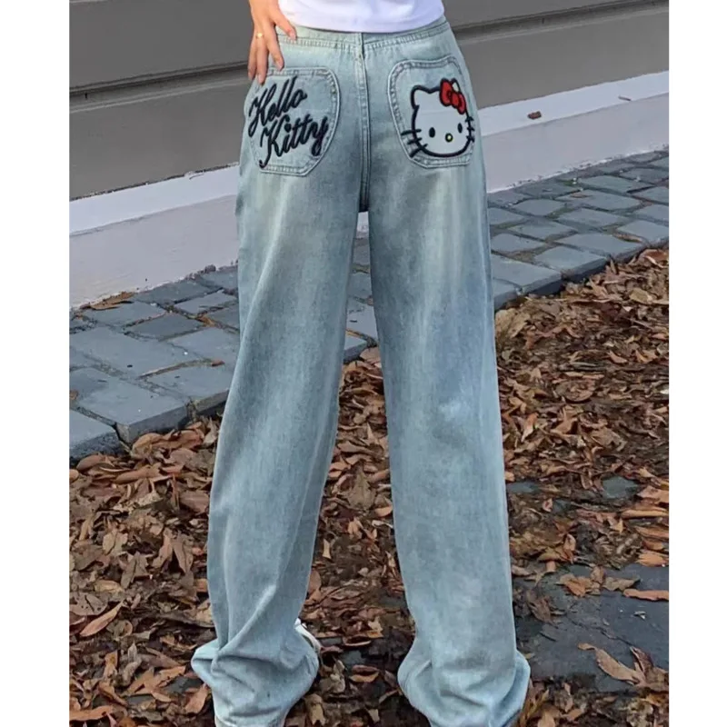 New Sanrio Hello Kitty Embroidery Jeans Women Vintage Straight Denim Pant Woman Korean Fashion Winter Blue High Waist Trousers