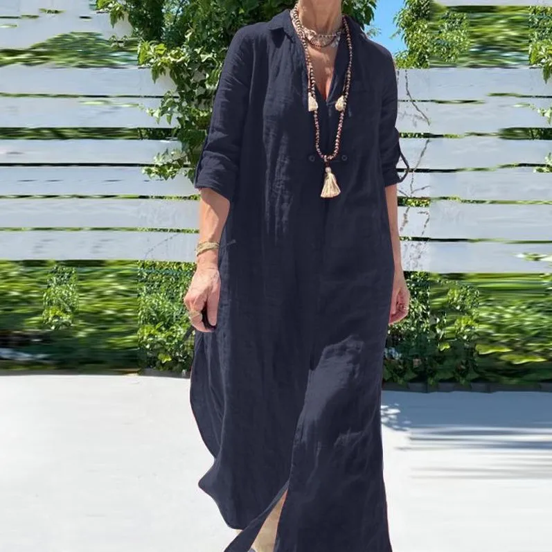 

2025 Fashion New Women's Cotton Linen Long Skirt Large Size Loose Elegant Lapel Half-open V-neck Temperament Women Casual Dress