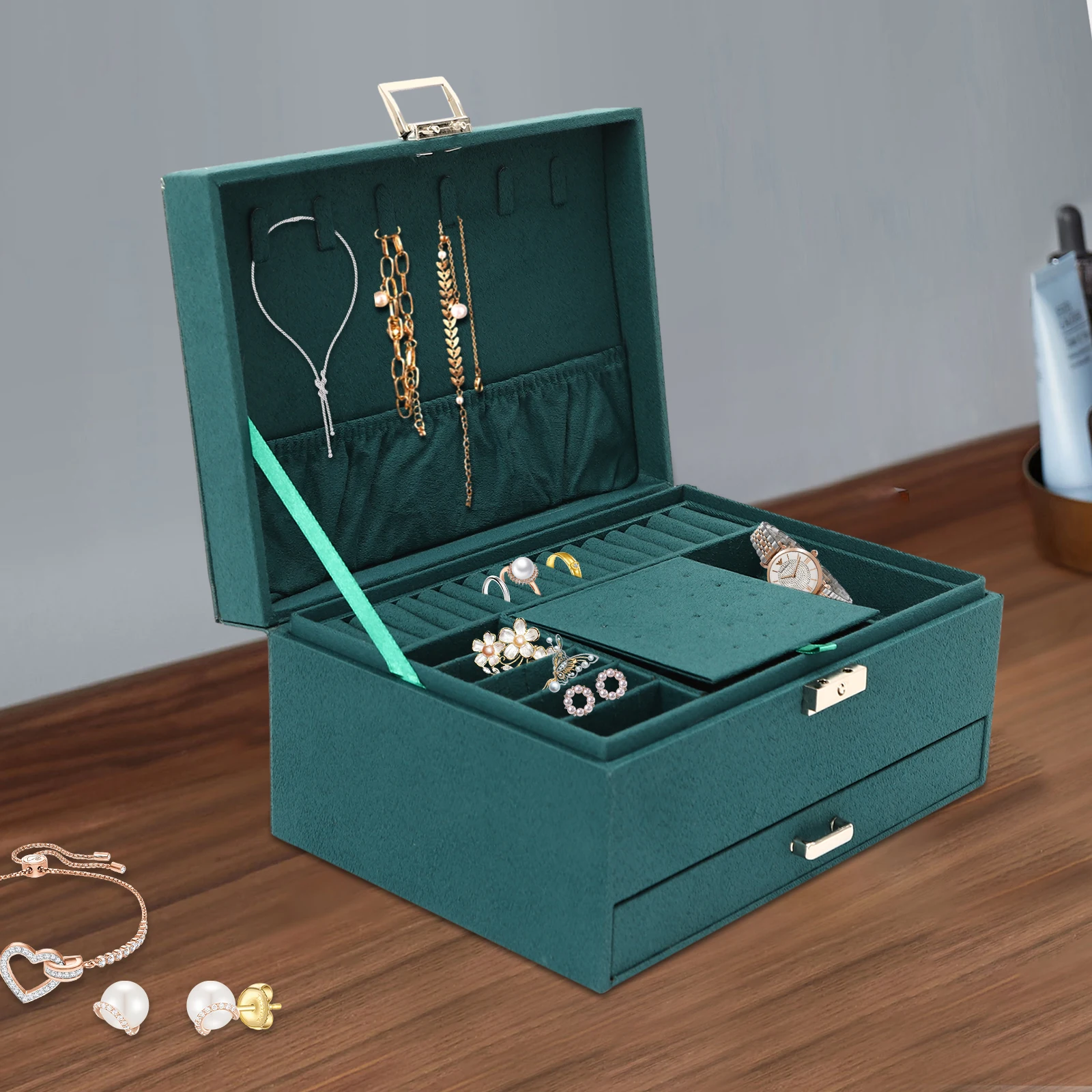 3 Layers Suede Fabric Jewelry Box Organizer Functional Lockable for Women Girls and Hanging Bracelets, Necklaces, Jumper Chains