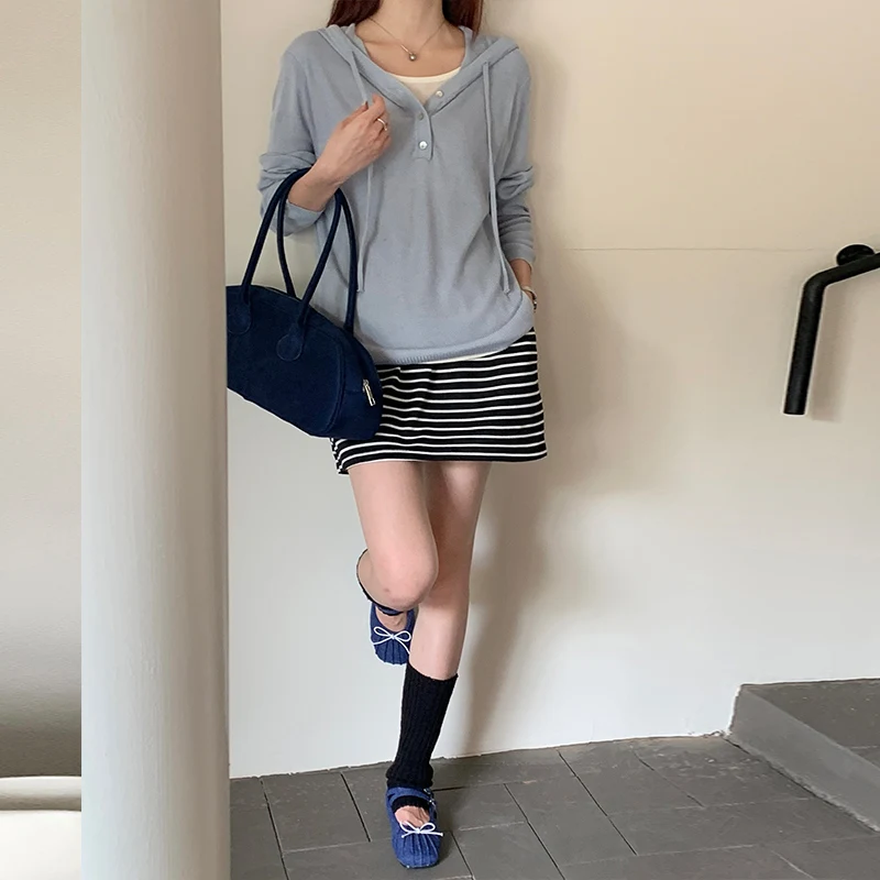 Damska bluza z kapturem z wełny owczej na wiosnę i jesień, nowa, w paski, z długim rękawem, zapinana na pół guzika, luźna, codzienna, elastyczna bluza/top.