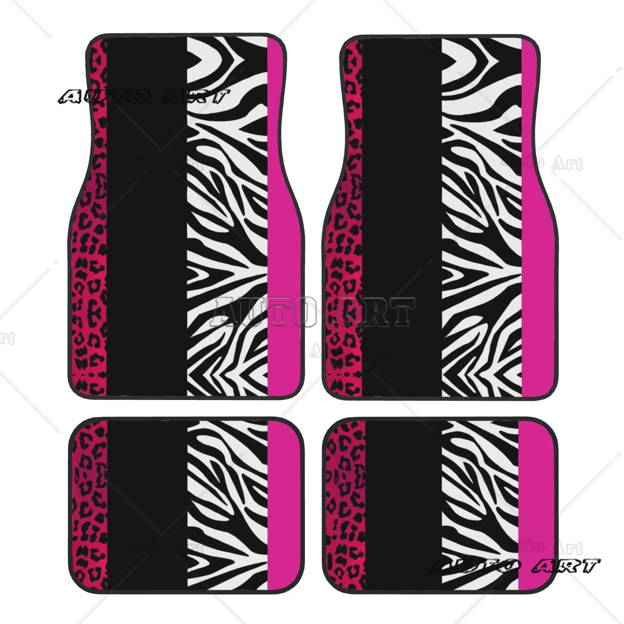 Pink Zebra and Leopard Animal Print Stripes 4PCS Crystal Velvet Car Floor Mats Set Universal Front Rear Foot Mats Protection Mat