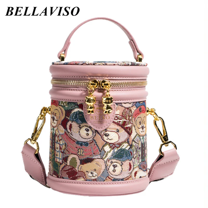 

BellaViso Niche Women's Crossbody Bag Female's Trendy Portable Barrel Shaped Cartoon Bear Printed Canvas Shoulder Bags BLCR-07