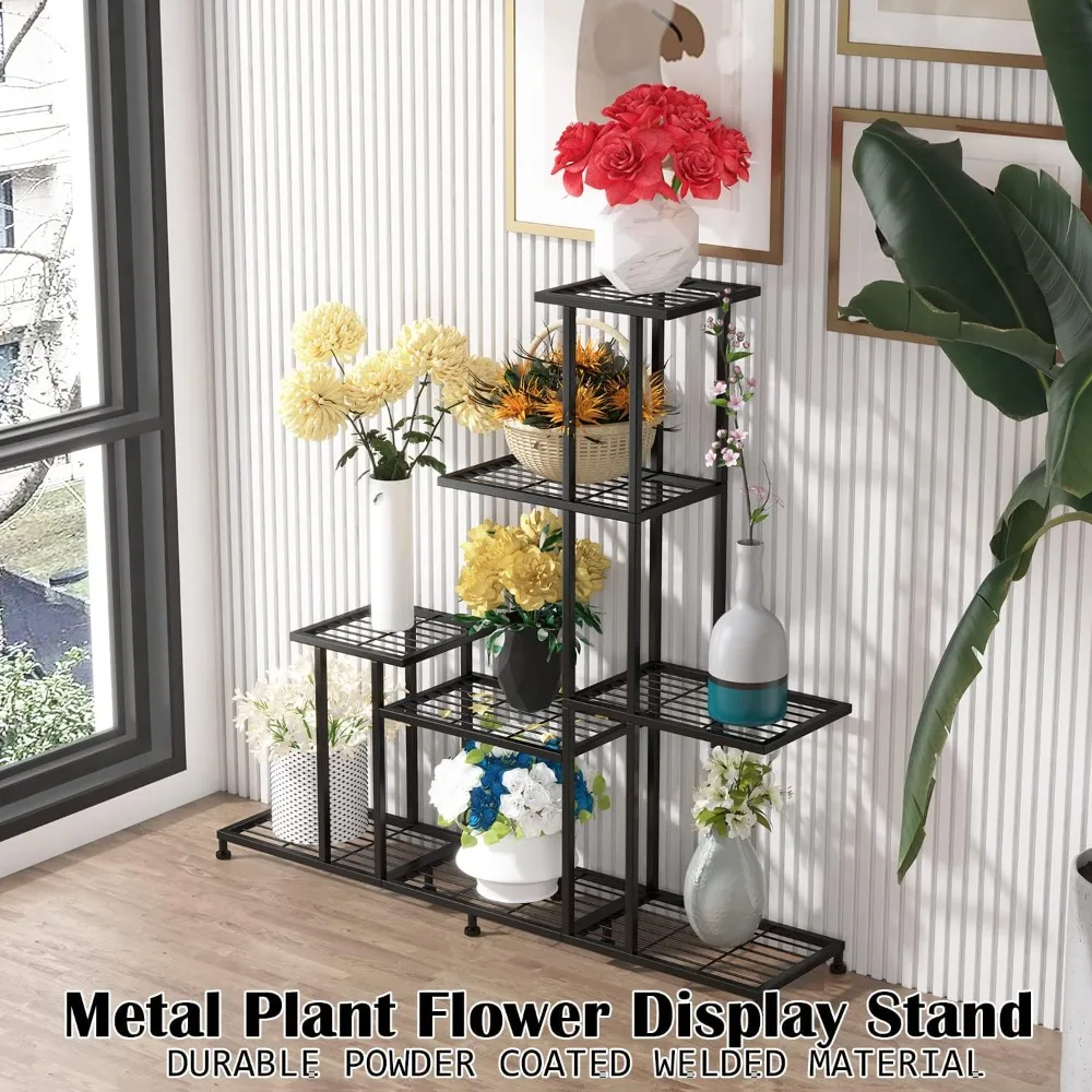 5 Tiers Multifunctional Metal Plant Stand, Decorative Black Steel Plant Shelf for Indoor Outdoor Patio Garden Balcony and Yard