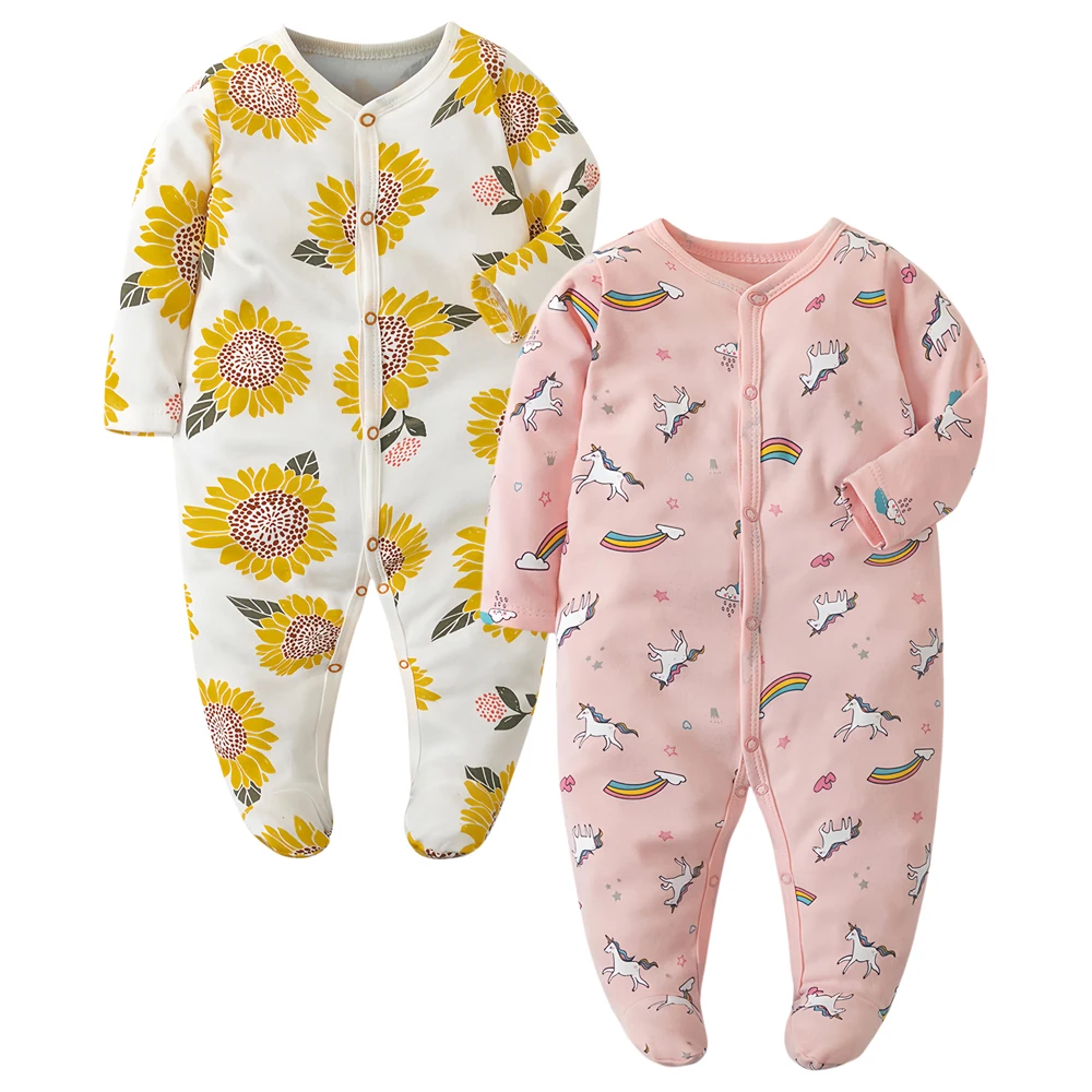 2er Pack Neugeborene einteilige Pyjamas 0-12 Monate Baby Mädchen und Jungen Fuß Nachtwäsche Baumwolle Onesies Mode neugeborene Baby kleidung