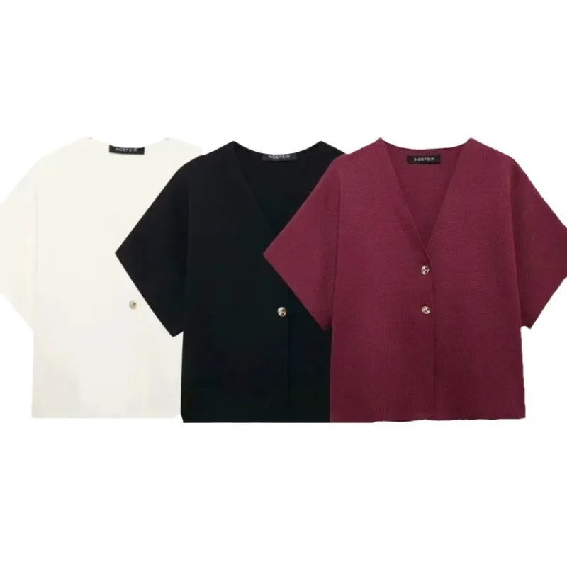 Women's Clothing V Neck Shirt Slit Short Sleeves Top White Trendy Versatile Y2k Top Office Ladies Shirts Slim Design Tops
