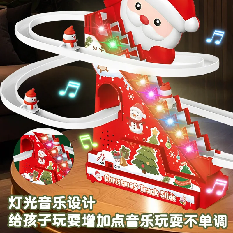 Santa presente montagem pista elétrica subir escadas iluminação música quebra-cabeça brinquedos de natal das crianças