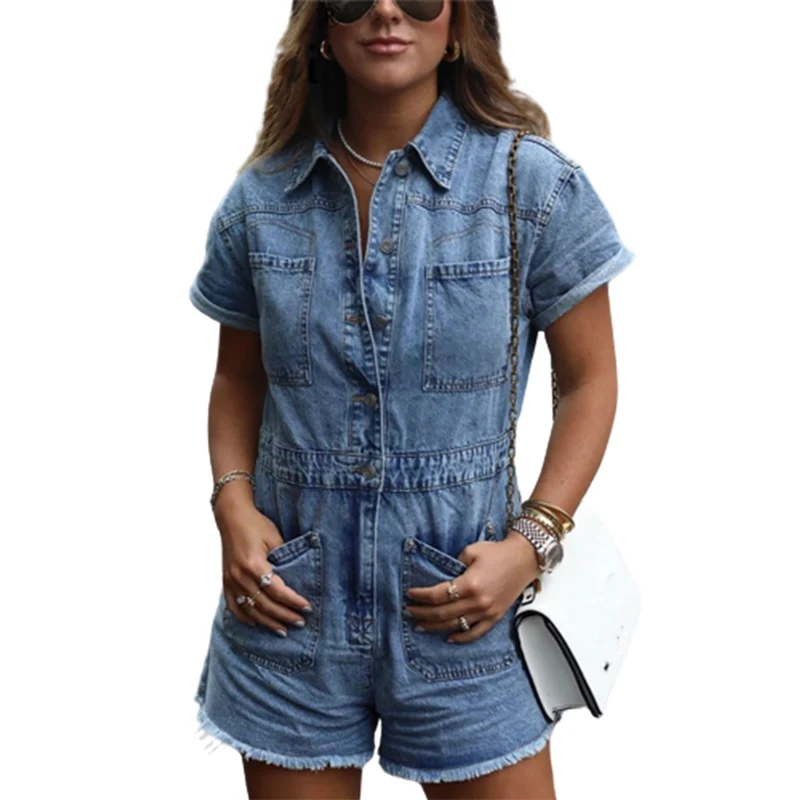 Women Button Half Open Denim Jumpsuit Casual Tassel Shorts Female Multi-pockets Splicing Short-sleeve Rompers Fashion Streetwear