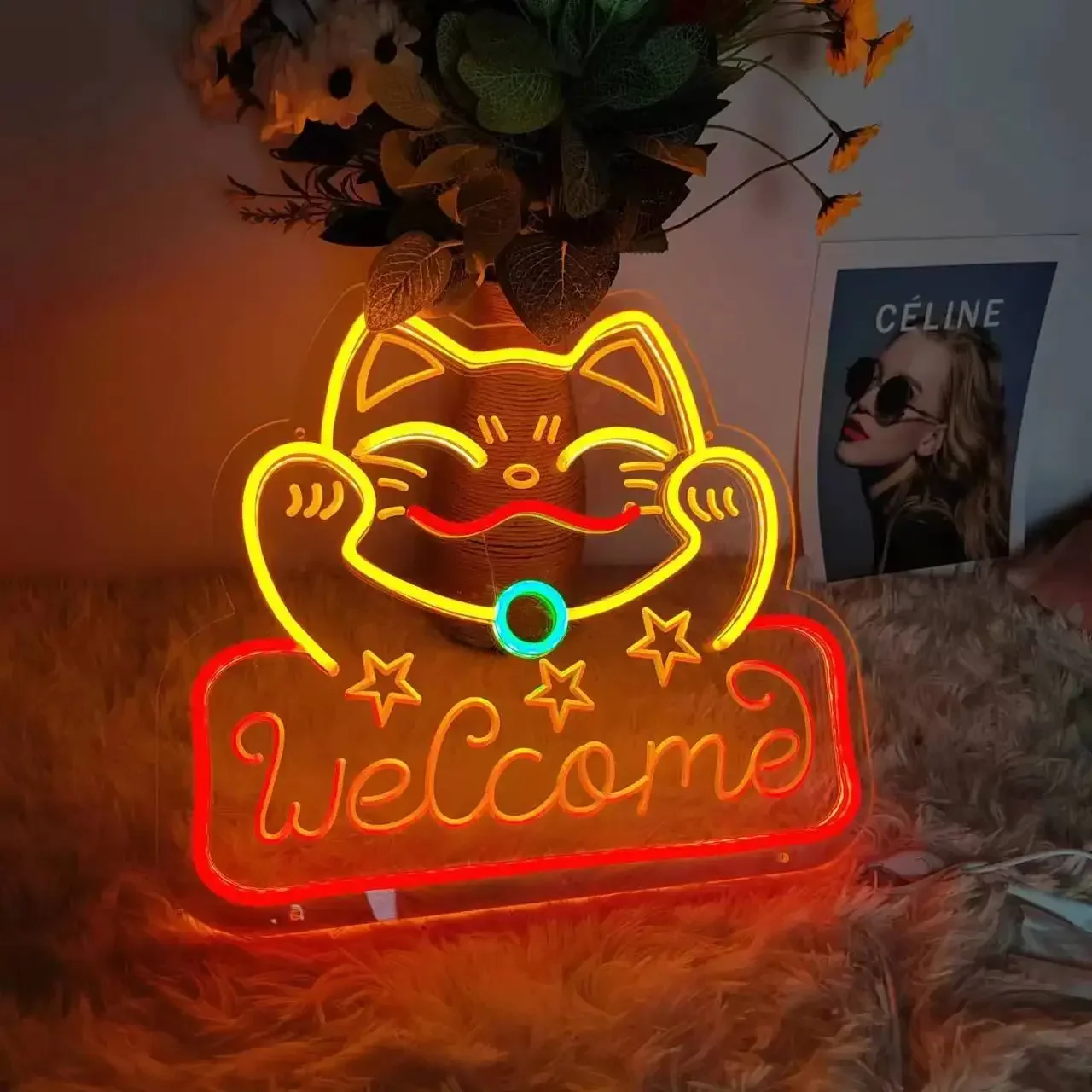 Letrero de neón de gato de la suerte, palo mágico de Anime Kawaii, luz Led colgante para el hogar, dormitorio, fiesta de cumpleaños, decoración de