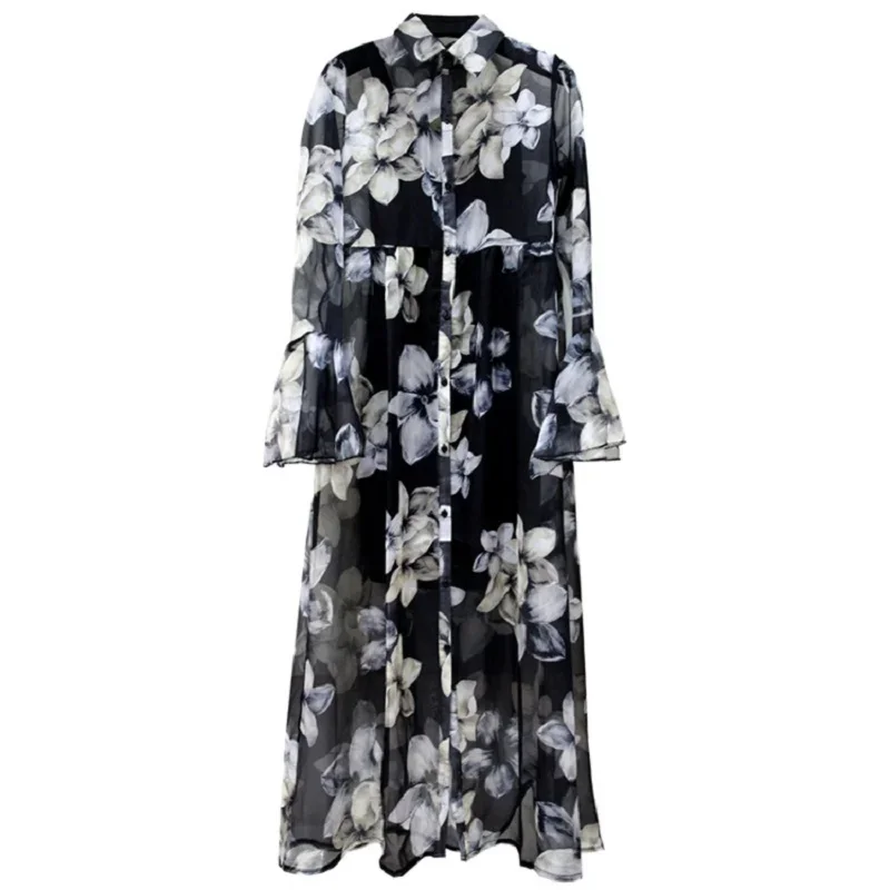2023 Lightweight Flower Printed Chiffon Cardigan Women Maxi Oversized dress Fashion Female Long Kimonos cape coats