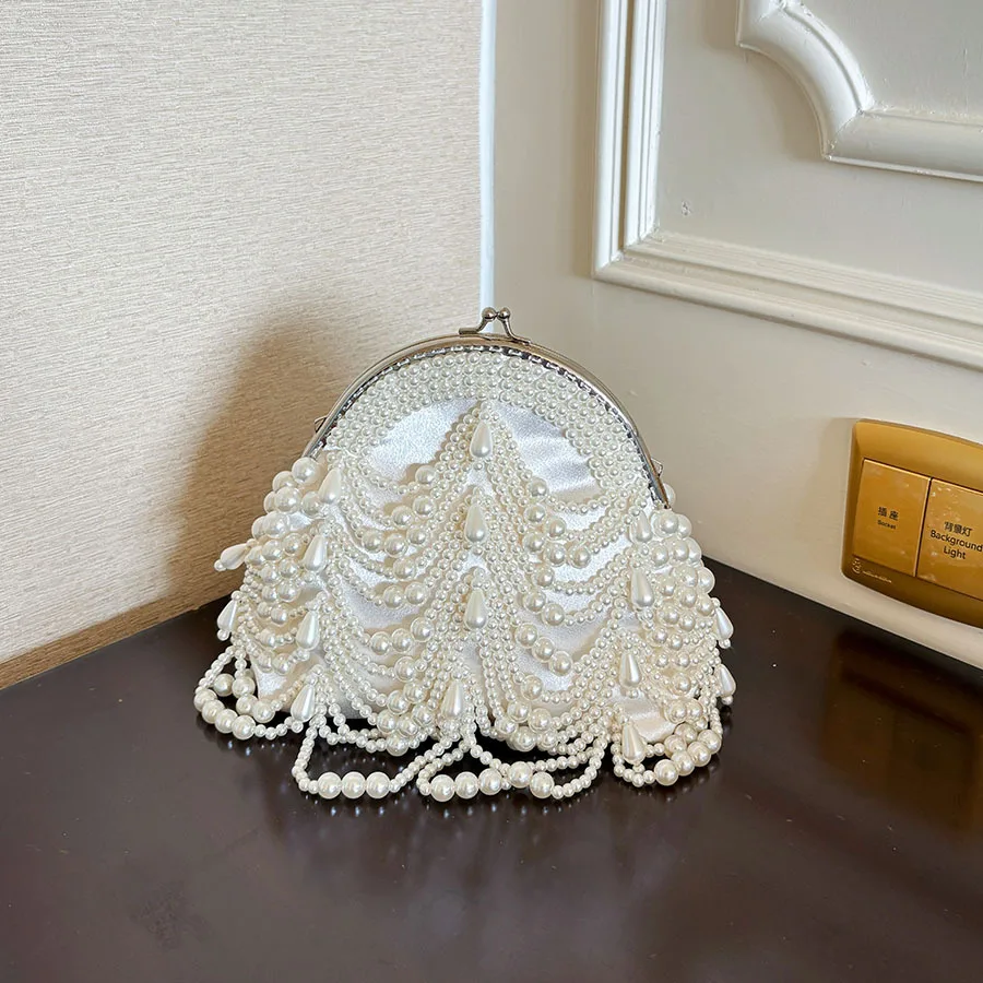 French retro heavy industry pearl fringed gold bag exquisite pearl pendant gentle and elegant bridal dinner bag