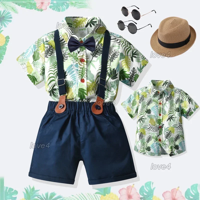 Safari Costume Baby Boy Gentleman Clothes for Kids Boys Hawaiian Style Shirt Overalls Shorts Bowtie Set Child Casual Clothing