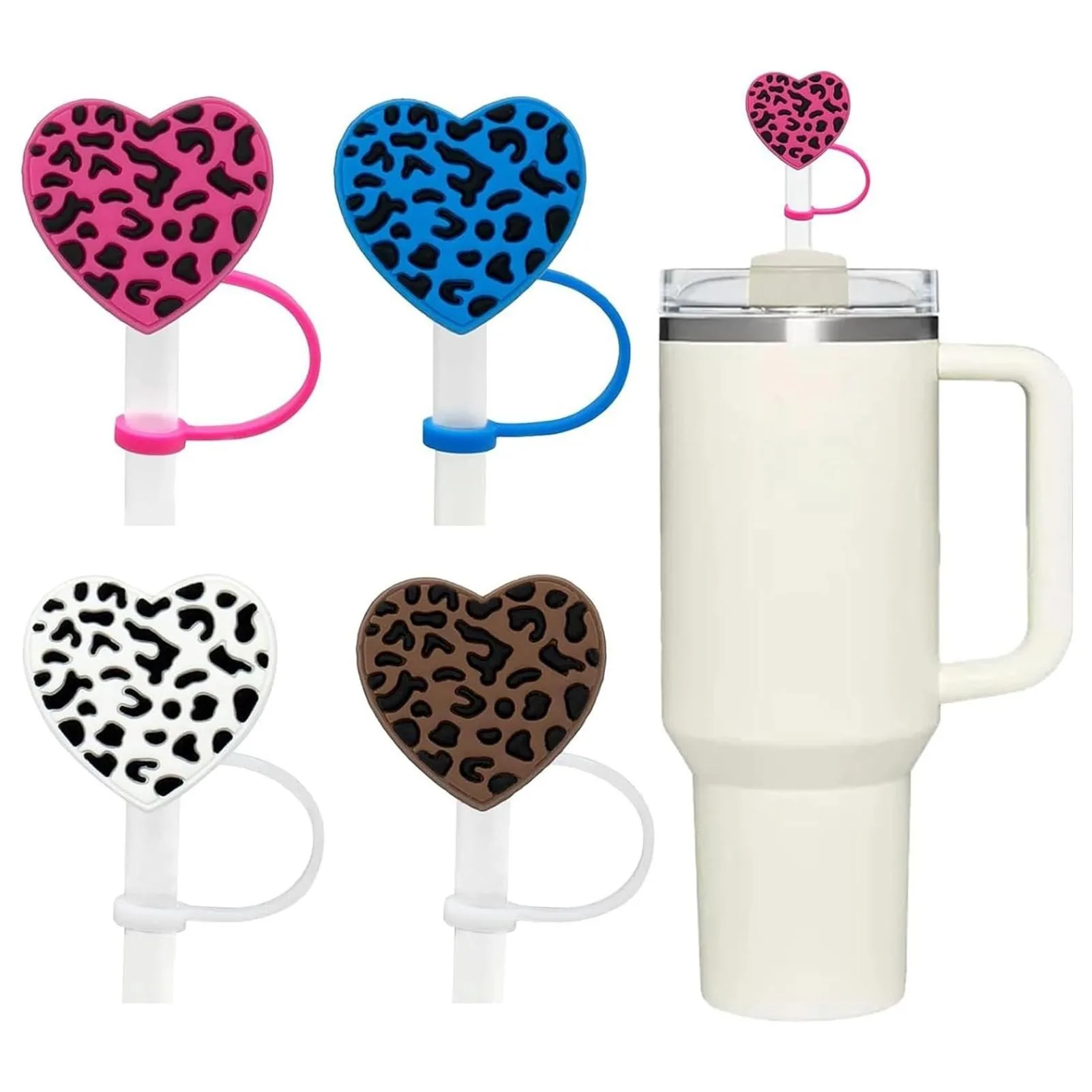 4Pcs Straw Cover,Cute Straw Topper for 40oz & 30oz Tumbler with Heart-Shaped Leopard Print,10mm Leopard Reusable Straw Glasses