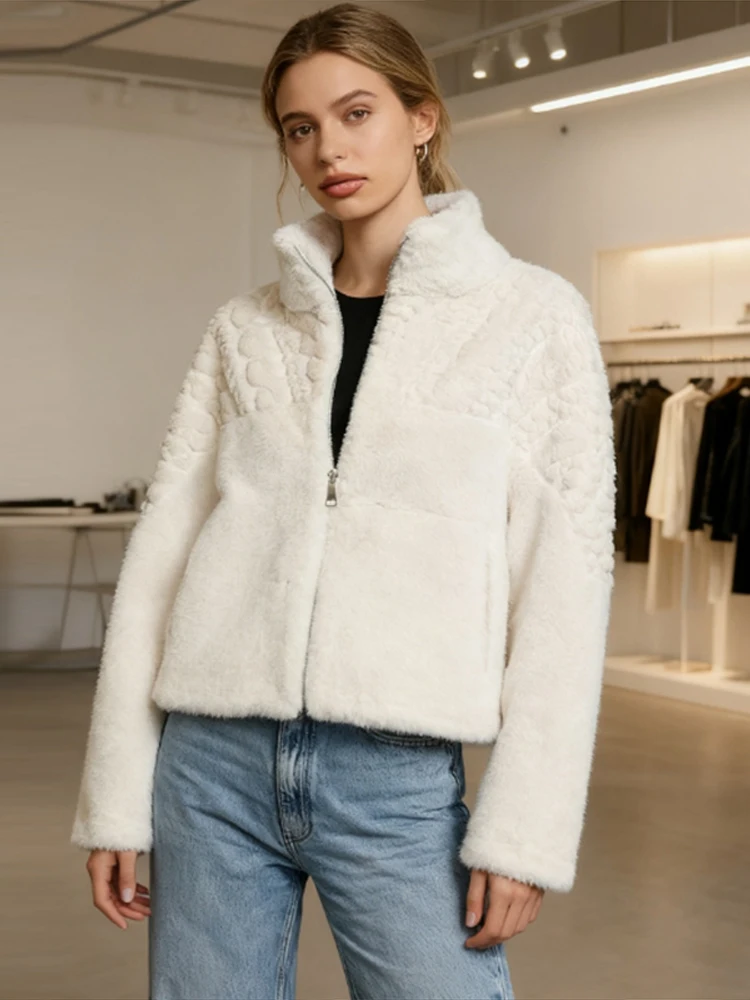 Abrigo de piel sintética para mujer, chaqueta femenina con patrón de manga larga y cremallera con cuello levantado, abrigos cortos holgados e esponjosos informales para otoño