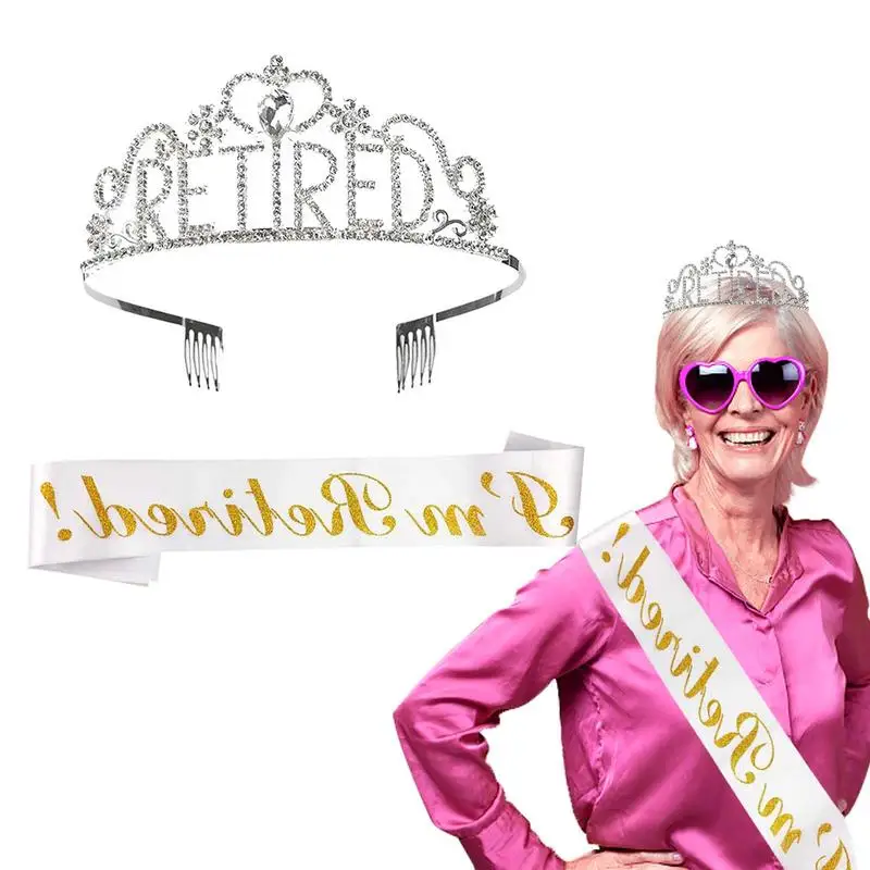 Bling Rhinestone Crystal Crown Stamped Letters Retired Sash for women man Retirement Work Party Supplies Favors Decoration Gift