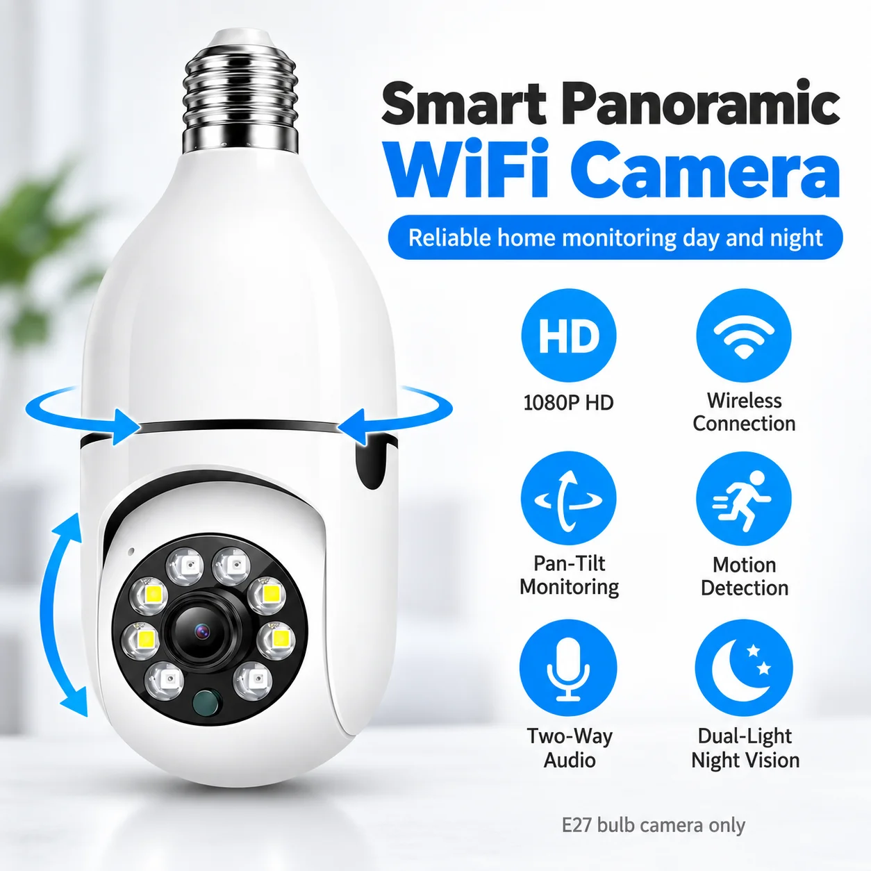 E27 Bulb WiFi Security Camera 1080P Pan Tilt Wireless IP Camera Motion Detection Two Way Audio Night Vision Home Monitor