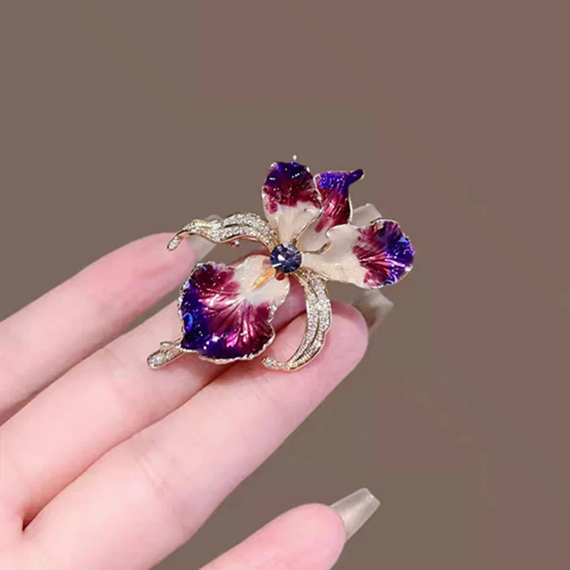 Brooch Enamel Iris Flower with Micro Set Zircon Elegant French Premium Lightweight Clasp for Women Jacket Scarf Bag Party
