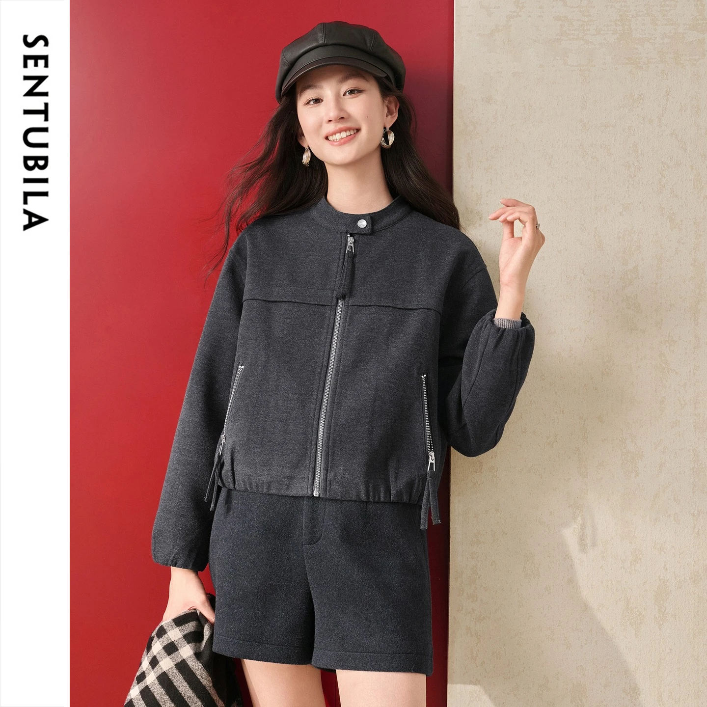 SENTUBILA Women's Cropped Coat Winter Zip Stand Collar Loose Drop Shoulder Jacket 2026 Elegant Elastic Hem Outerwear W64WB8799