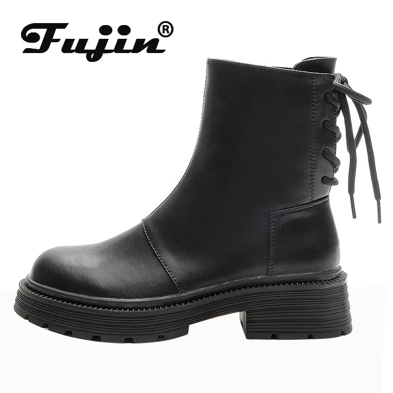 

Fujin 5cm Platform ROME Genuine Leather Women Boots Mid Calf Boots Ankle Booties Spring Autumn Motorcycle ZIP Winter Plush Shoes