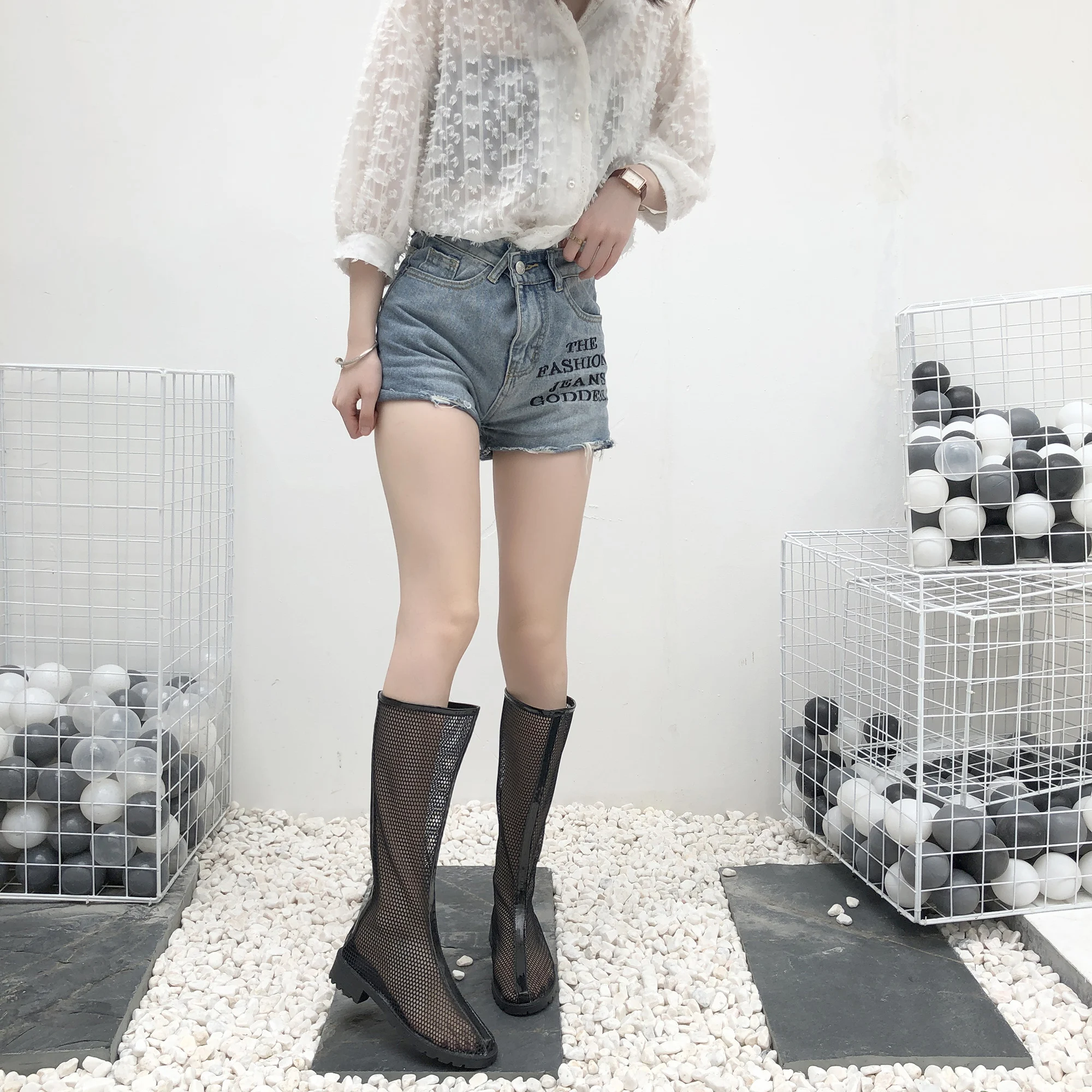 Women Round Toe Mesh Knee High Boots Cut Out Mesh Square Heel Sexy Party Club Lady Zipper Pointed Toe Breathable Short Boots