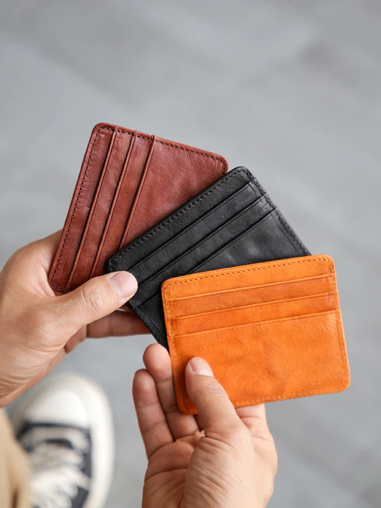 薄い本革メンズカードホルダーレトロトップレイヤー牛革マルチカード大容量通貨収納ポータブル財布