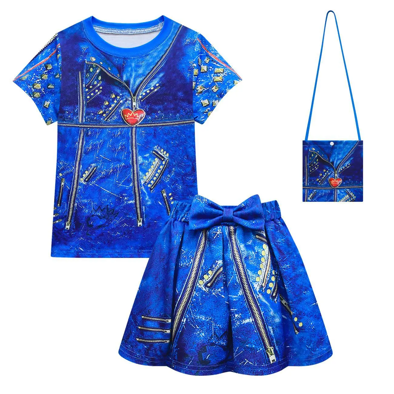 Halloween Costumes Kids Clothes Descendants 3 Mal Evie Cosplay Short Sleeve T-shirt and Skirt Bag Wig Girls Birthday Clothing