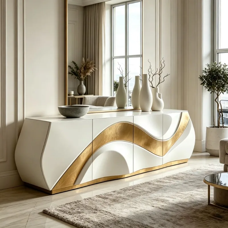Modern luxury platinum dining side cabinet buffet cabinet wavy arc design living room dining room villa hotel