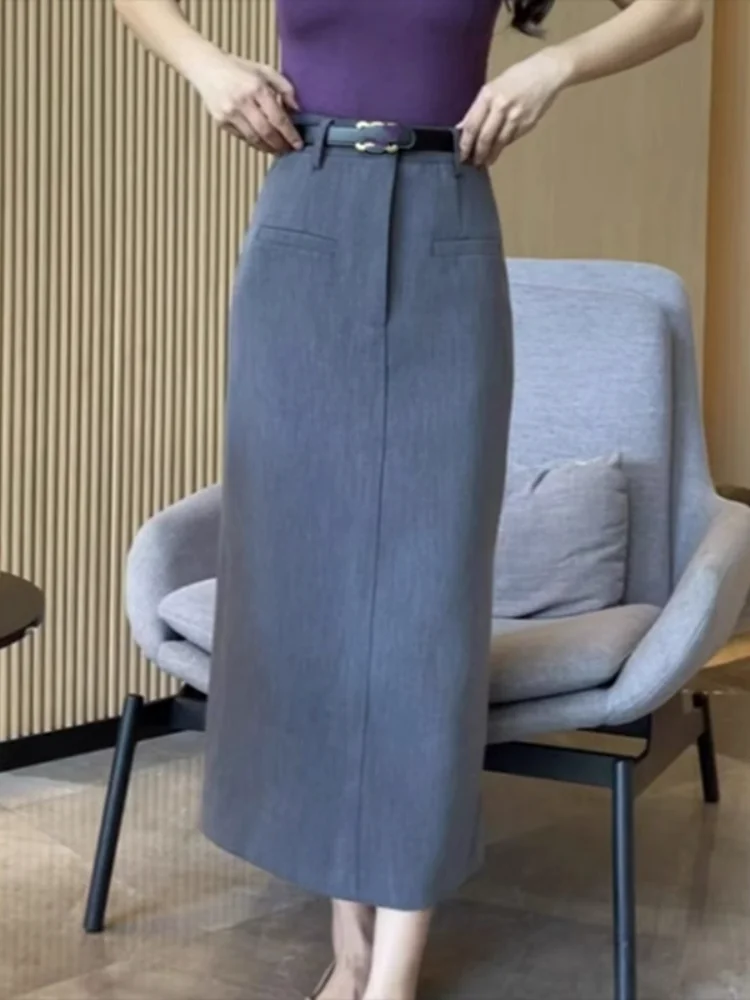

Gray Suit Split High Waist Skirt Women's Summer Design Slimming Small Size Wrap Body Straight Skirt Fashionable Commute
