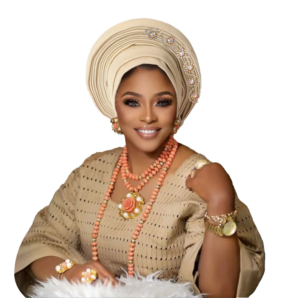 New Heavy Rhinestone Metallic Layered Tie Turban Hat for Nigerian Wedding Party, Aso Gele Headwrap Export
