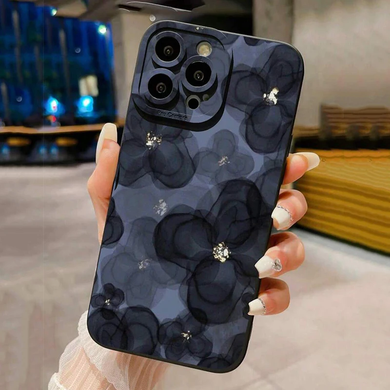 

For IiPhone 16e 16 15 14 Plus 13 12 11 Pro Max Case Black Flower Silicone Cover For iPhone XS Max X XR 7 8 Plus 13 12 Mini Funda