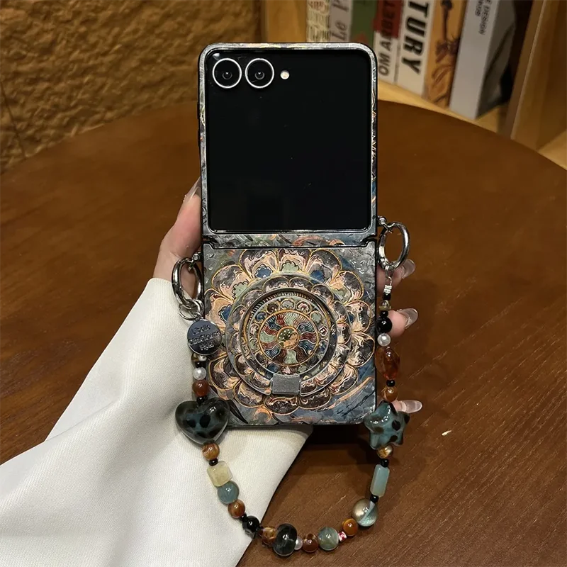 Zflip7 Case Retro Leather Sunflower Totem Magnetic Case For Samsung Galaxy Z Flip 7/6/5/4 Cover With Magnetic Stand