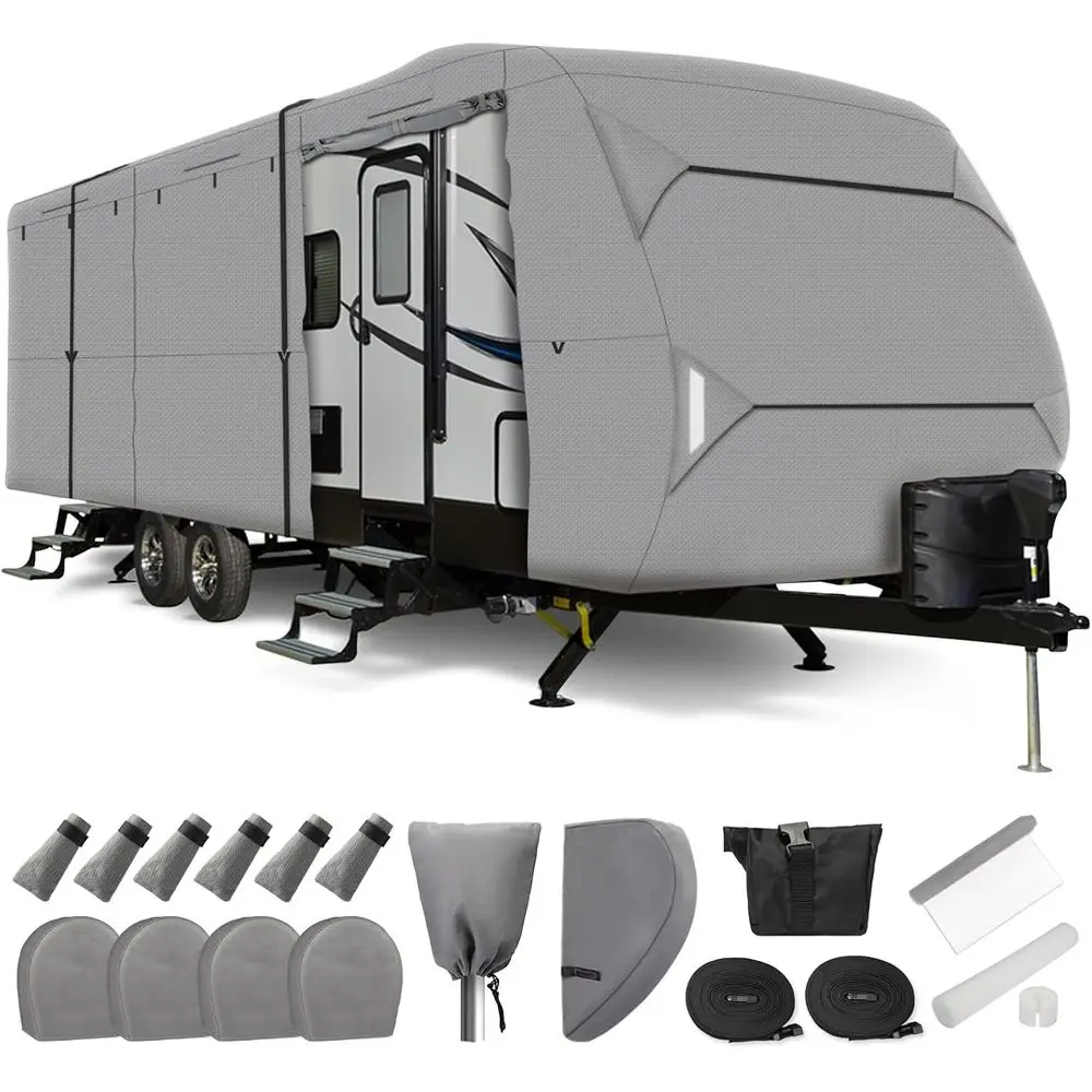 

RV Cover 27' -30' Travel Trailer Cover Extra Thick Camper Cover - Anti-uv & Ripstop with 4 Tire Covers, Adhesive Repair Patches