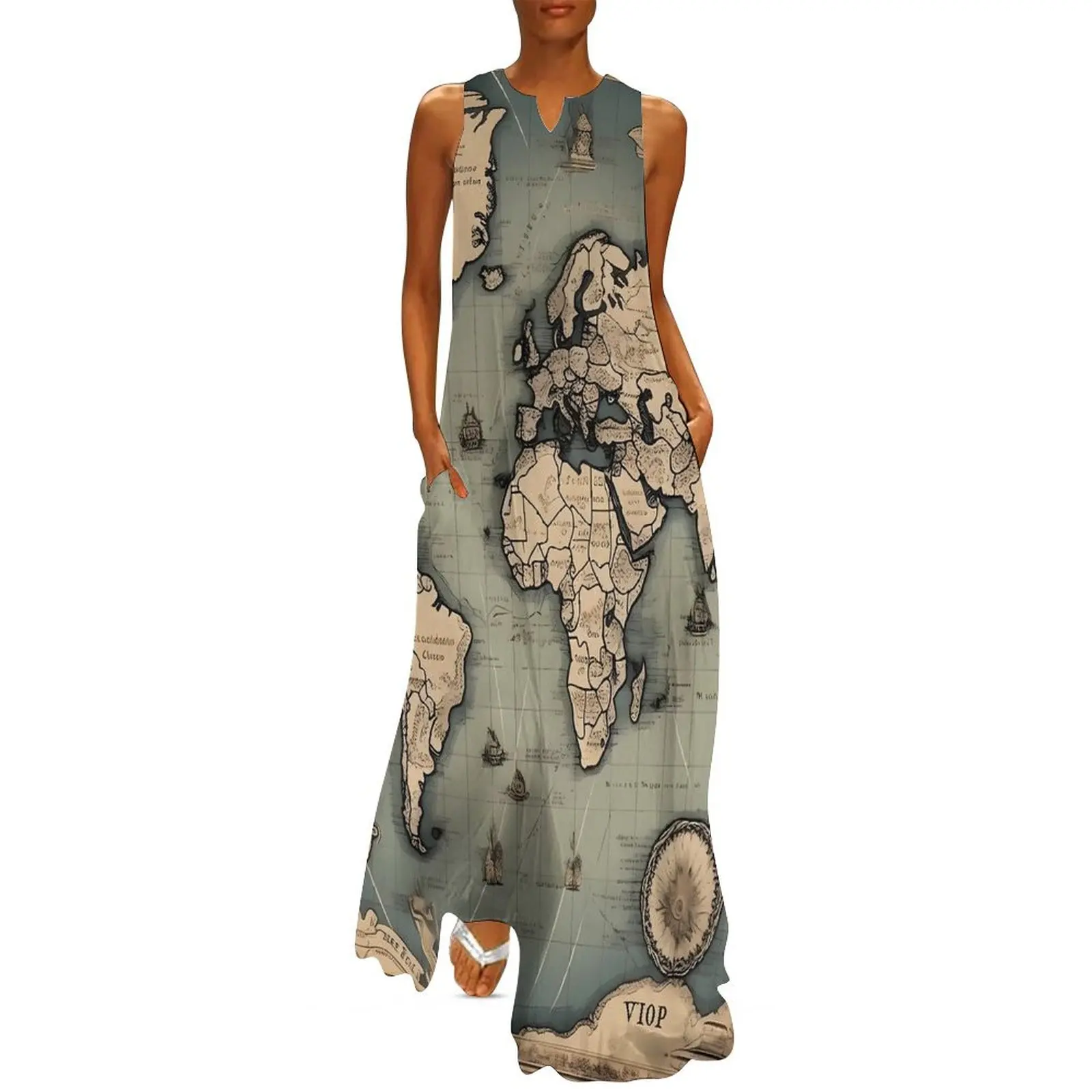 Vintage World Map Dress Historical Map Elegant Maxi Dress Streetwear Casual Long Dresses Female Sleeveless Oversized Vestidos