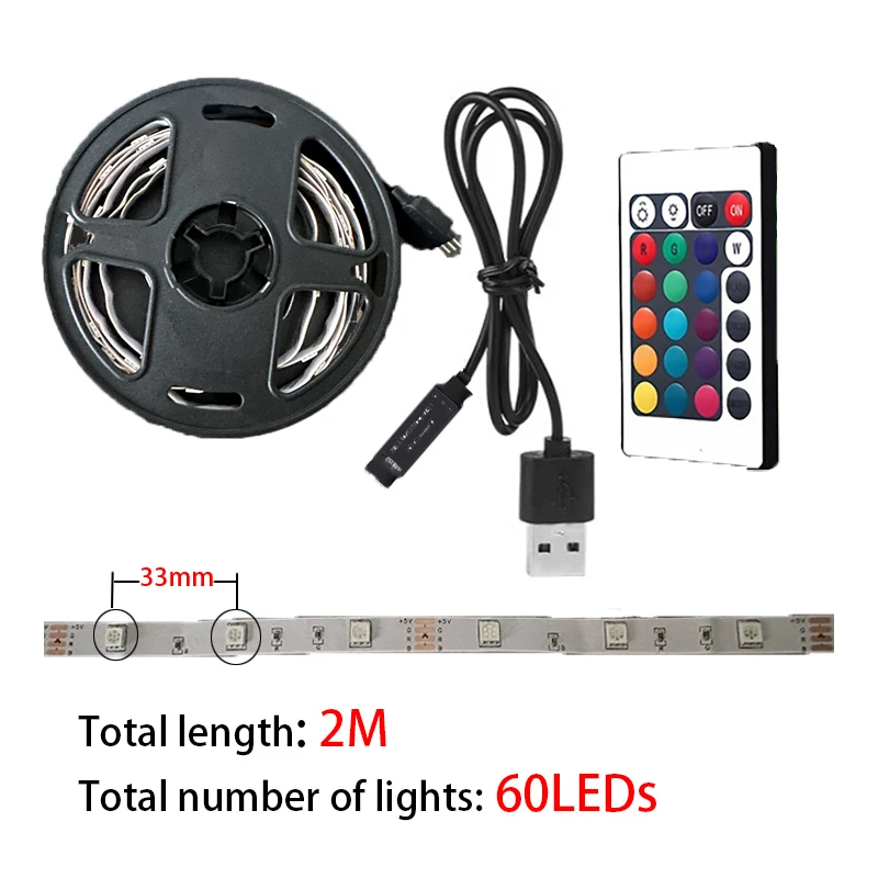 2M oświetlenie LED ciąg 60 LED biurko DIY podświetlenie 24 klawisz zdalnego sterowania RGB wielokolorowa taśma do dekoracji domu listwa oświetleniowa